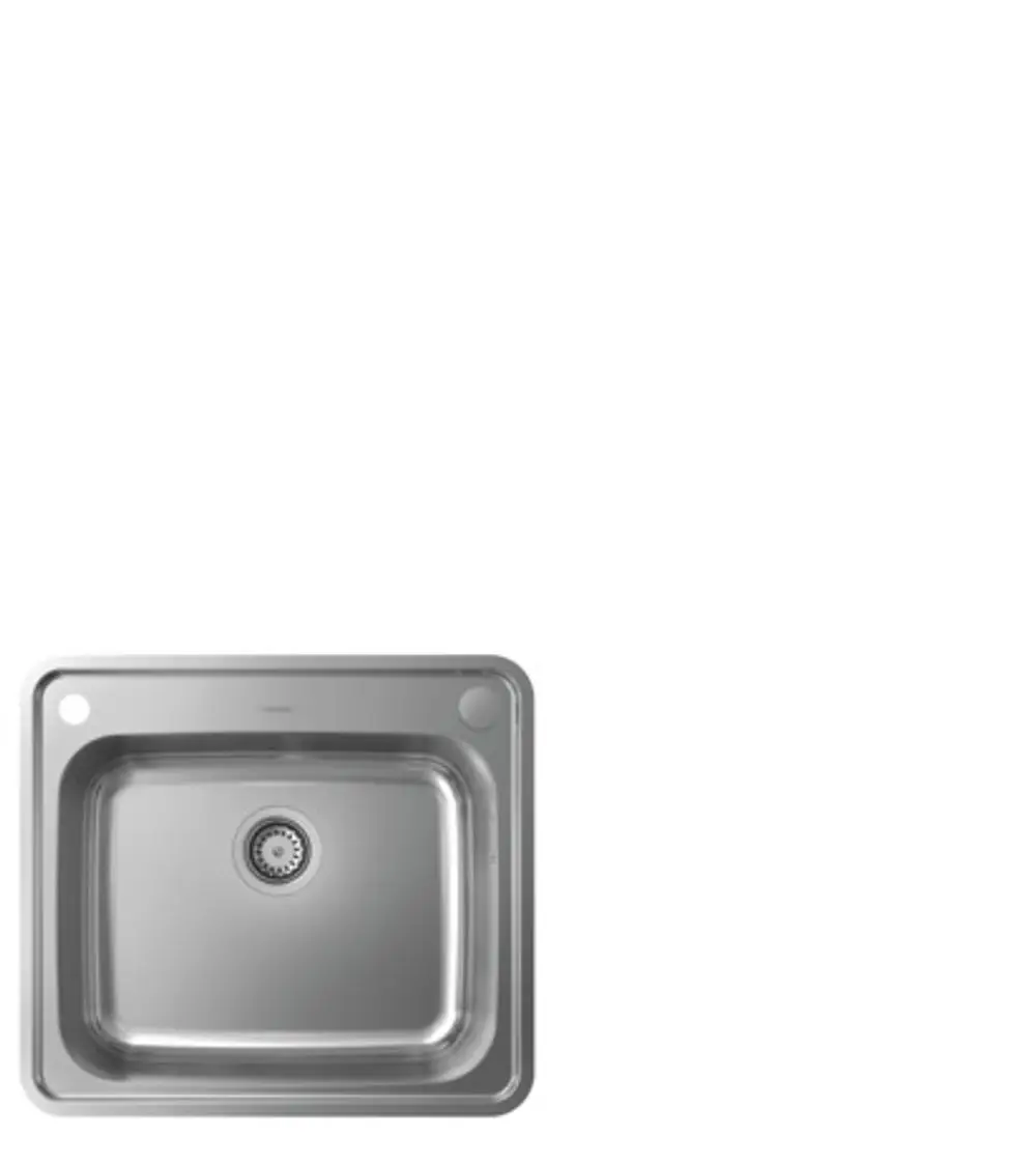 Edelstahlspüle von Hansgrohe mit rechteckiger Form und zentralem Abfluss. Zwei Löcher für Armaturen an den oberen Kanten.